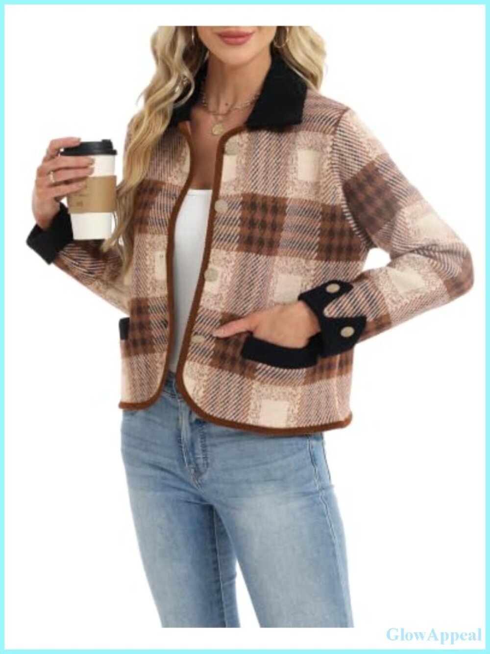 Vintage Plaid Long Sleeve Cardigan Sweater Coat with Pockets Women Knit Button - Picture 4 of 6